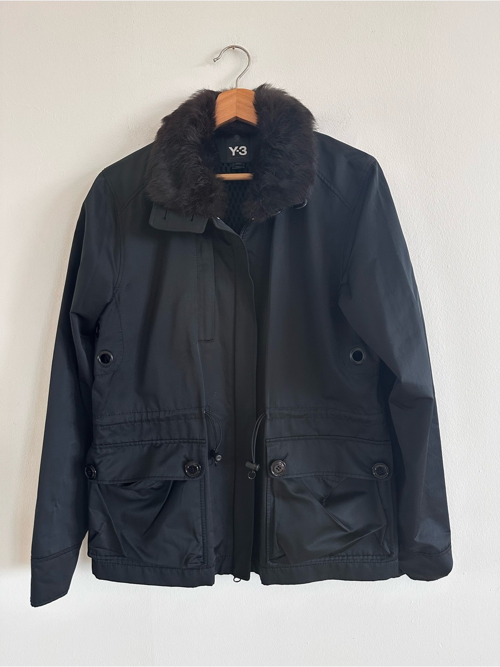 Y-3 Yohji Yamamoto Black Jacket Rabbit Fur Detachable Collar M Rare